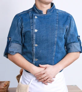 Unisex Chef Jacket Long Sleeve Cook Coat Men Women Denim Kitchen Uniform Suit - Picture 1 of 14