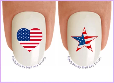 "HANDMADE" Nail Art J701 July 4th American Flag Heart Star Waterslide Nail Decals Transfers