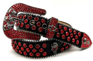 BLACK SKULL RED RHINESTONE WESTERN MOTORCYCLE BLING LEATHER BELT 1 1/2" WIDE - Picture 1 of 5