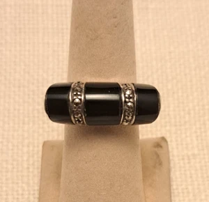 Vintage Onyx Marcasite Unique Statement Sterling Silver Ring Size 6 - Picture 1 of 9