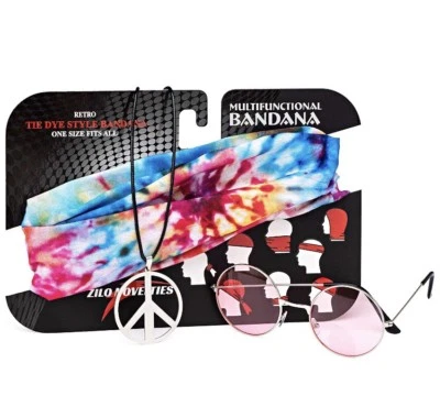 Hippie Adult 60s 70s Costume Set. Kit Includes Sunglasses, Peace Sign Necklace  - Image 1 of 4