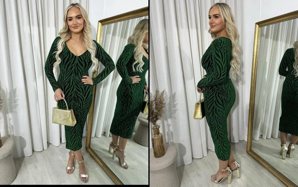 Vestido midi iKrush cuello en V manga larga brillo ceñido al cuerpo hasta la mitad de la pantorrilla cuello en V Foto 1 de 2