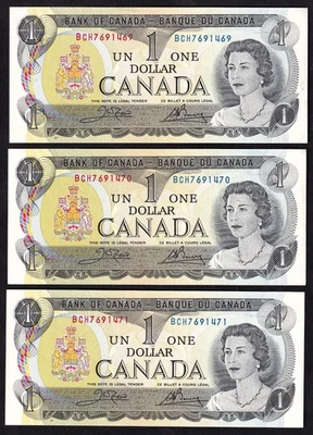 Lot Of Three Canadian 1973 $1 One Dollar Consecutive Banknotes Crow - Bouey UNC - Image 1 of 2