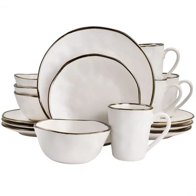 Modern 16 Piece Stoneware Dinnerware Set in Matte White with Gold Rim, (ELM-M... - Image 1 of 4