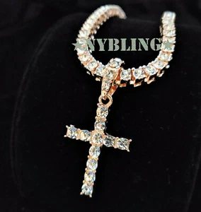 Tennis Chain Cross Pendant Choker Necklace Hip Hop CZ Jewelry Rose Gold Plated - Picture 1 of 4