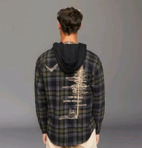 Sudadera con Capucha de Franela Mediana para Hombres Bordada Vida Silvestre Caminata Azul Verde Naturaleza Camisa - Imagen 1 de 3