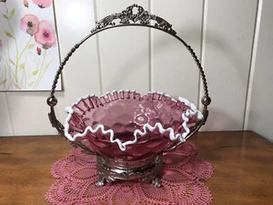 Antique Silver-Plated Brides Basket W/ Ruffled Pink And White Glass Bowl - Picture 1 of 8