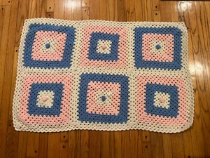Beautiful Handmade Crochet Pink Blue & White Square Design Lap Blanket 3 x 4' - Picture 1 of 5