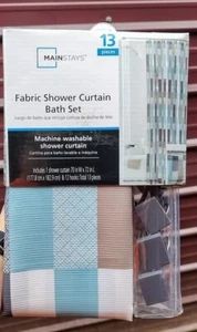 Mainstays Fabric Shower Curtain with Hooks 70 x 72 in 13 Pieces Blue/brown/white - Picture 1 of 3