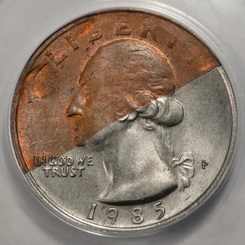 1985 ANACS MS63 Missing 50% Partial Clad Layer Before Strike Quarter Mint Error Cover