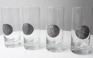 80er 4x Longdrink Gläser Kristallgläser Mit Zinnmünzen Decor Glas Gläser 80s - Picture 1 of 6
