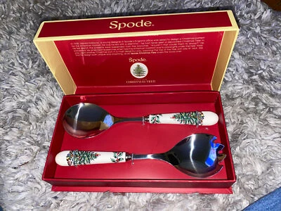 Spode Christmas Tree Salad Servers Set, Spoon & Fork, In box, Giftable - Image 1 of 4