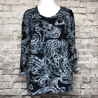Fresh Produce Black Gray Floral Paisley Print Ruffle Trim Top Size Small - Image 1 of 4