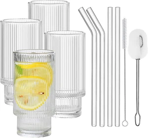 ALINK Gerippte Trinkgläser mit Glas Strohhalmen 4er Set, Vintage Eiskaffee - - Bild 1 von 8