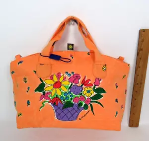 HAND PAINTED SALLY HUSS SIGNED BEACH BAG SHOULDER BAG ORANGE FLOWERS CANVAS 10" - Picture 1 of 22