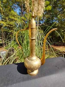 Vintage Solid Brass Dallah Teapot, Made In India, Hand Etched, Ornate 10.5" - Picture 1 of 12