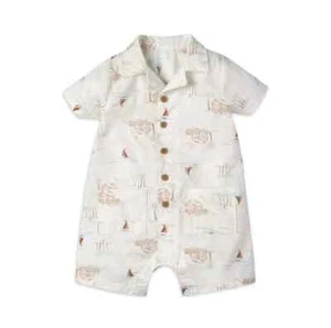 Modern Moments by Gerber Baby Boy Short Sleeve Poplin Romper-Ivory-Size 3/6 M - Picture 1 of 6