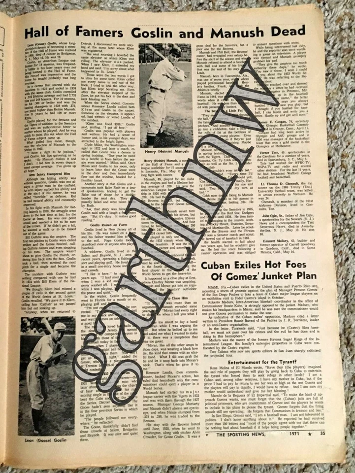 GOOSE GOSLIN & HEINIE MANUSH DEATHS 1971 PHOTO FEATURE DETROIT TIGERS & SENATORS - Image 1 of 1