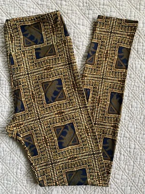 LuLaRoe Leggings OS Cheetahs Tigers Cats Tribal Egyptian Navy Blue Gold VINTAGE - Image 1 of 2