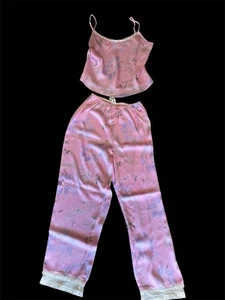 Vtg 90s California Dynasty Pink Satin Cami Pajama Pants 2 Pc Set Lace Trim M - Picture 1 of 11