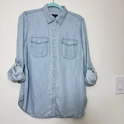 Talbots Chambray Denim Shirt Women's Size L Petite Button Front Long Sleeves - Image 1 of 4