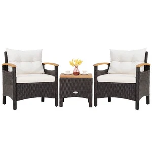 Patiojoy 3PCS Patio Rattan Furniture Set Wooden Armrest Table Top Cushioned Deck - Picture 1 of 10