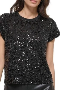 DKNY Sequin Blouse Top Holiday Glam Hollywood Black SZ Large - NEW - Picture 1 of 8