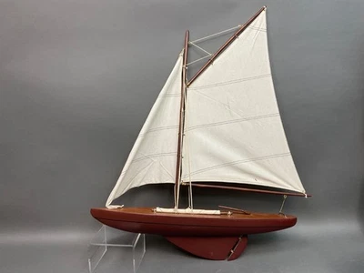 Lg  Vintage Wooden Pond Yacht Model Sailboat  w/ Sail Cloth  24" Long X 30.5" T. - Image 1 of 4
