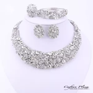 4tlg Set Gioielli Collier Orecchini Bracciale Anello Argento Bianco Strass Sposa - Foto 1 di 6