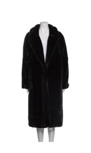 MAGASCHONI Black Faux Vegan Fur Collar Long Trench Coat Jacket XL - Picture 1 of 5