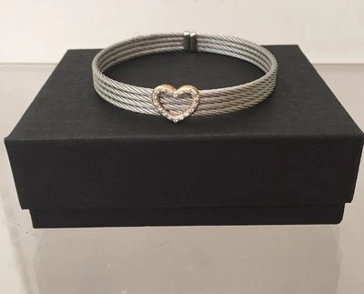 ALOR Classique 18K Yellow Gold  Stainess  4 Strand Cable Diamond Heart Bracelet - Image 1 of 4