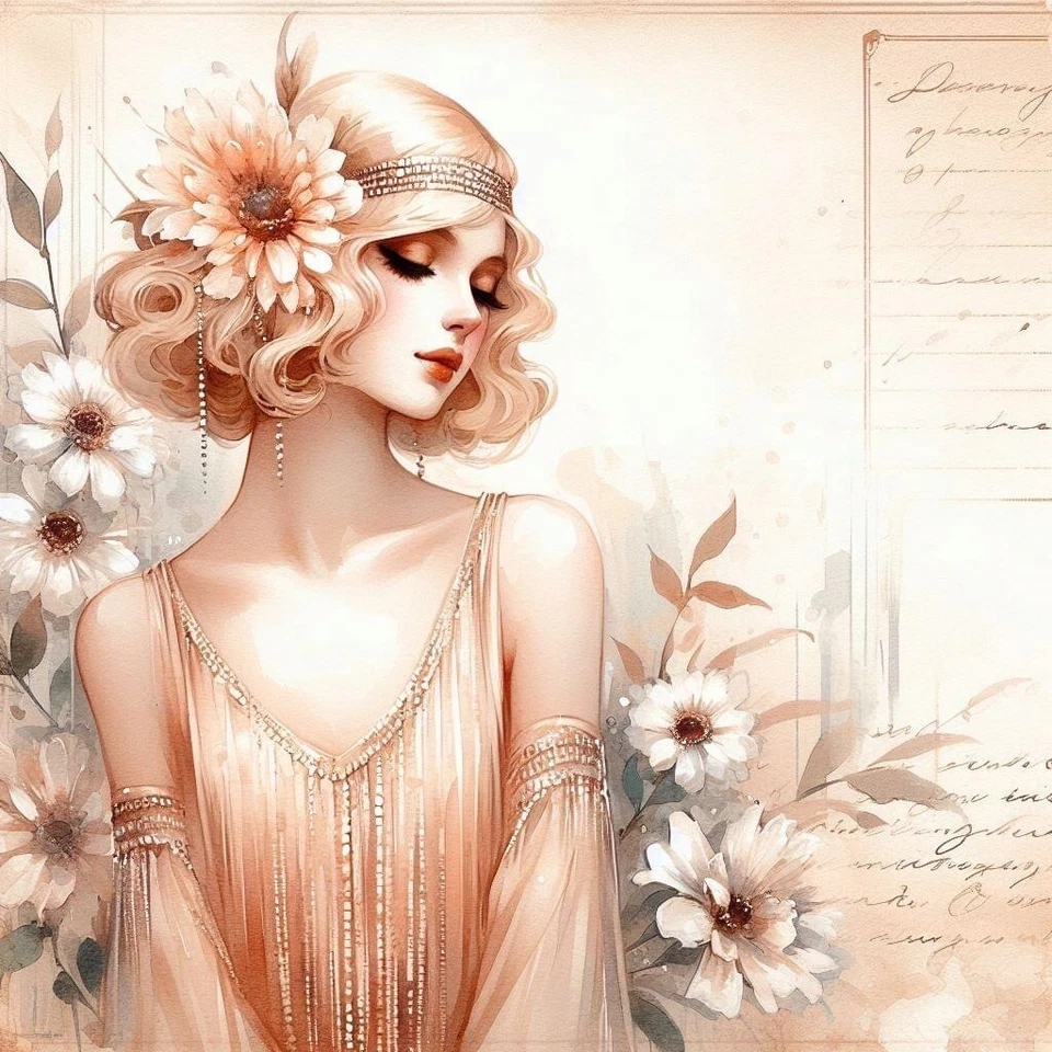 Vintage Art Deco Flapper Woman #6 - 8x8 Cotton Quilt Crafting Fabric Block - Image 1 of 1