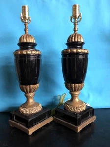 Pair Vintage Black and Gilt Ceramic and Wood Lamps - Picture 1 of 12