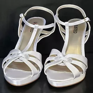Kenneth Cole T-Strap peep toe leather sole white satin heel NEW - Picture 1 of 5