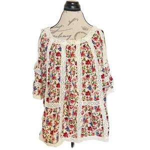 Anthropologie blaue Quastenbluse Blumenmuster Maylou offene Schulter gehäkelt Größe Medium - Bild 1 von 18