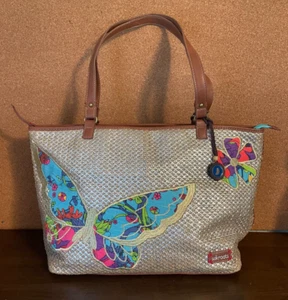 Sakroots Peace Butterfly Large Straw Tote Boho Purse w/ Embroidered Metallic - Picture 1 of 11