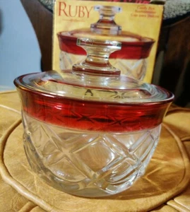 VTG Indiana Glass RUBY Stained Band Diamond Candy / Snack Box w/Lid NOS! - Picture 1 of 7