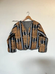 M Size Indian Black Tiger Print Cotton Quilted Jacket Vintage Reversible Jacket - Picture 1 of 10