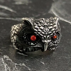 Silver Owl Red Zircon Stone Eyes Ring, Silver Oxidized Owl Animal Ring, Animals - Picture 1 of 10