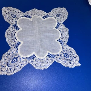 Antique Ivory & Brussels Point de Gaze Lace & Duchess Lace Wedding Handkerchief - Picture 1 of 5
