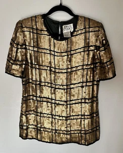 Vintage Joan Leslie Studio Gold Pailletten Seide Top L Perlen Abend Party Bluse - Bild 1 von 11