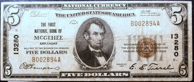 1929 Mcgeehee, Arkansas #13280 Five Dollar National Currency Note - Image 1 of 2