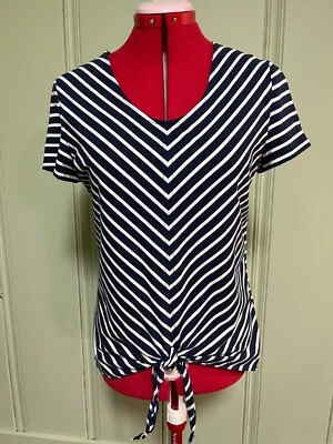 Jones New York Blue White Diagonal Stripe T- Shirt Top Size S Tie Hem - Image 1 of 4