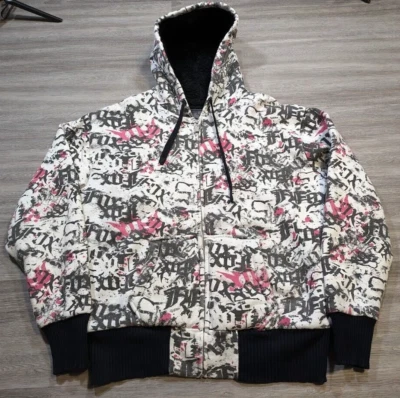 FOX RACING Mens XL Sasquatch Faux Fur Lined Jacket Full Zip Hoodie AOP White Y2K — 第 1/4 张图片