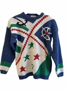 Vintage Gina Peters Sweater Women Medium Chunky Nautical Stripe 80s Novelty Cute - Picture 1 of 8