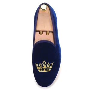 Merlutti Royal Blue Loafer Gold Crown Prom Wedding Flat - Picture 1 of 4