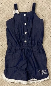 Calvin Klein Little Girls Designer Logo Romper 4 4T Blue Chambray w/ White Lace - Picture 1 of 4