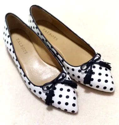 Talbots Puntera Punta Punta Lunares Planos Mujer 6.5M Blanco Azul Cuero Lazo Sin Cordones Foto 1 de 4
