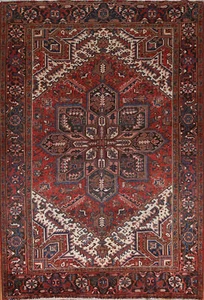 Vintage Geometric Red Heriz Area Rug 7x9 Traditional Handmade Living Room Rug - Picture 1 of 24