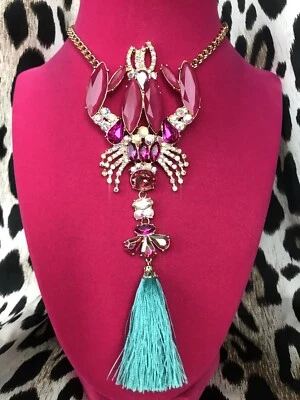 Betsey Johnson Festival Mermaid HUGE Jeweled Pink Lobster Tassel Long Necklace - Image 1 of 4